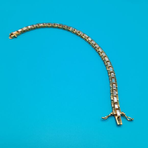 Vintage Clear Baguette Rhinestone Tennis Bracelet, Gold Plated, 7 Inches - Picture 6 of 10